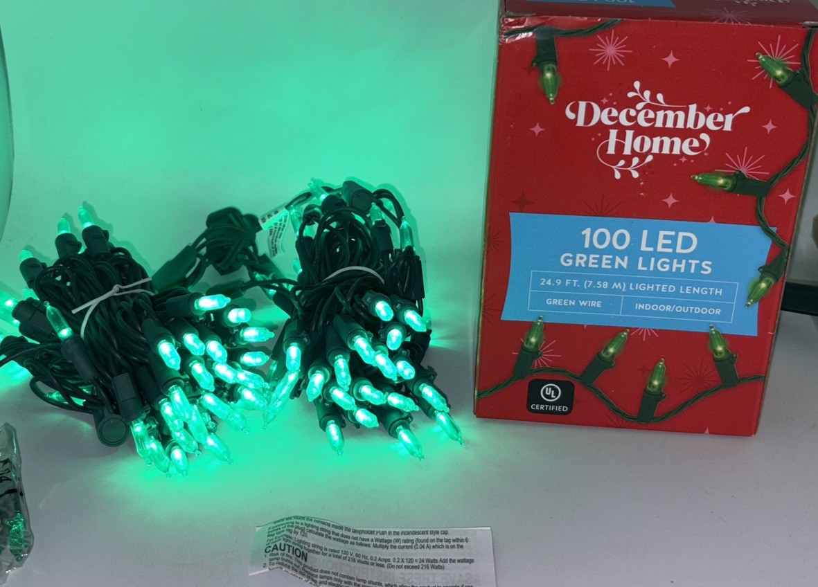 Christmas Home 100 LED Green Christmas Lights 24.9 Ft Green Wire Indoor/Outdoor