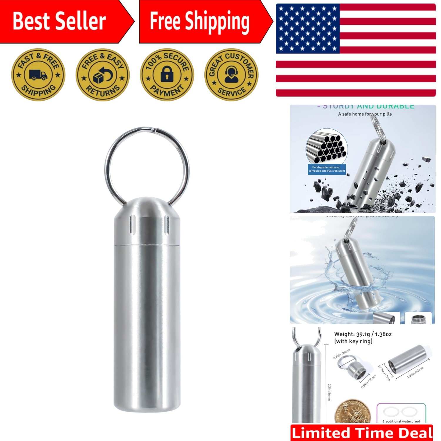 Stainless Steel Waterproof Pill Organizer: Travel-Ready Keychain Design