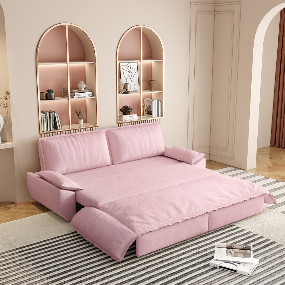73in Roll Out Velvet Sleeper Sofa Bed w/ Queen Mattress, Multi-Functional 3-in-1