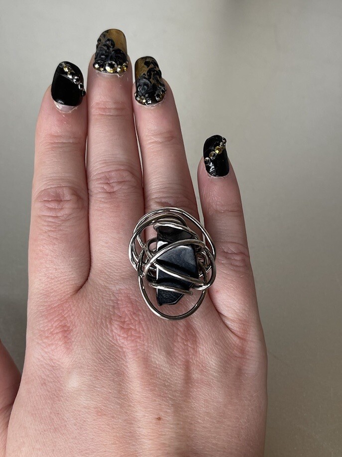 Wire Wrapped Black Stone Silver Ring Boho Summer Size 6.5 Approx. Artesian