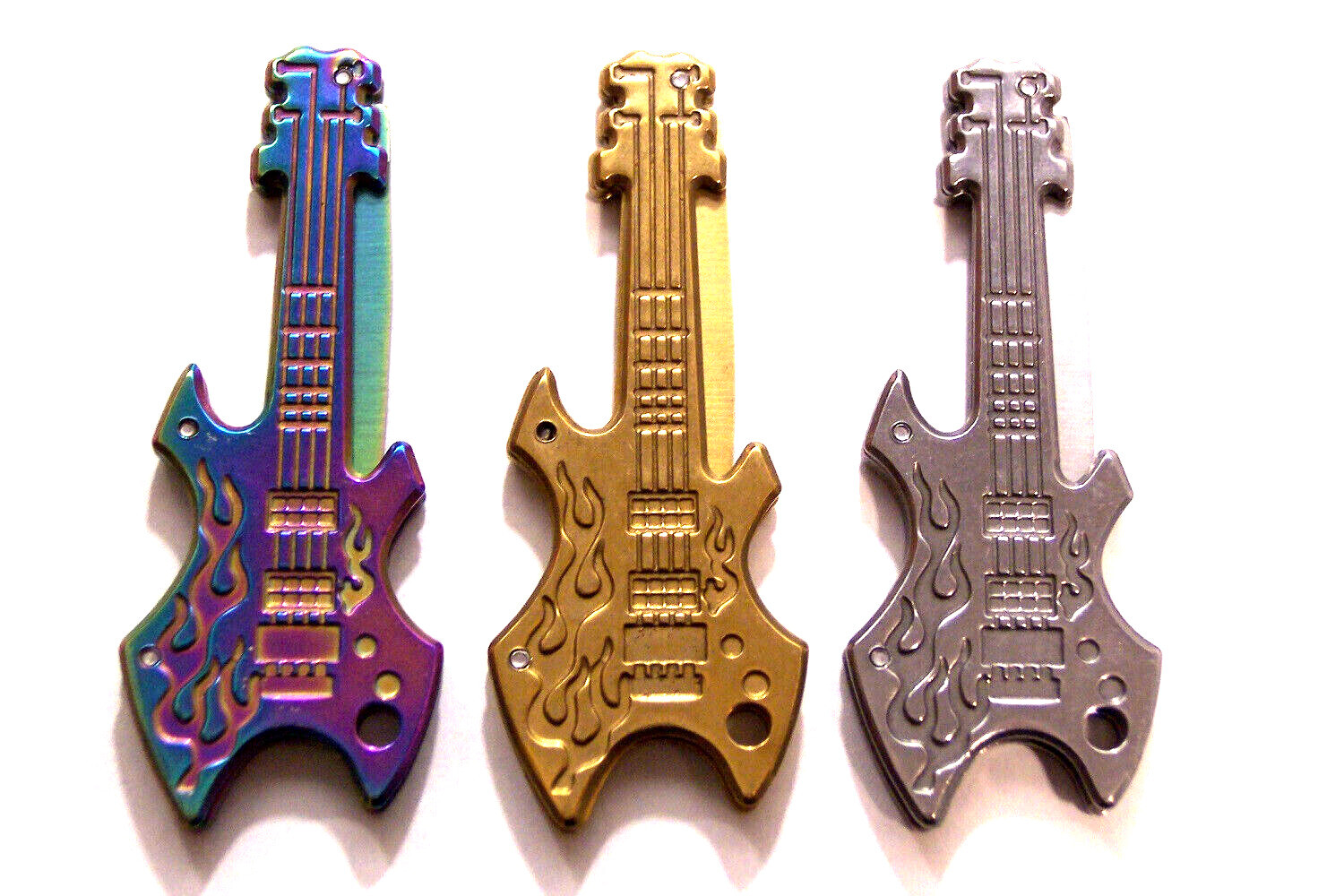ROCKER FLAMING GUITAR POCKET KNIFE KEYCHAIN RAINBOW GOLD SATIN 1 OR ALL U PICK