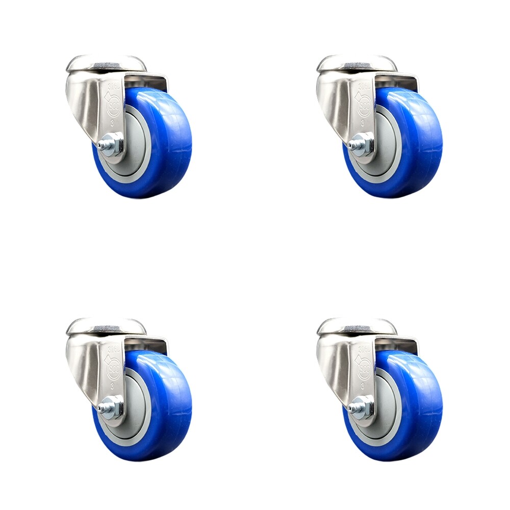 3.5 Inch 316SS Blue Polyurethane Wheel Swivel Bolt Hole Caster Set SCC