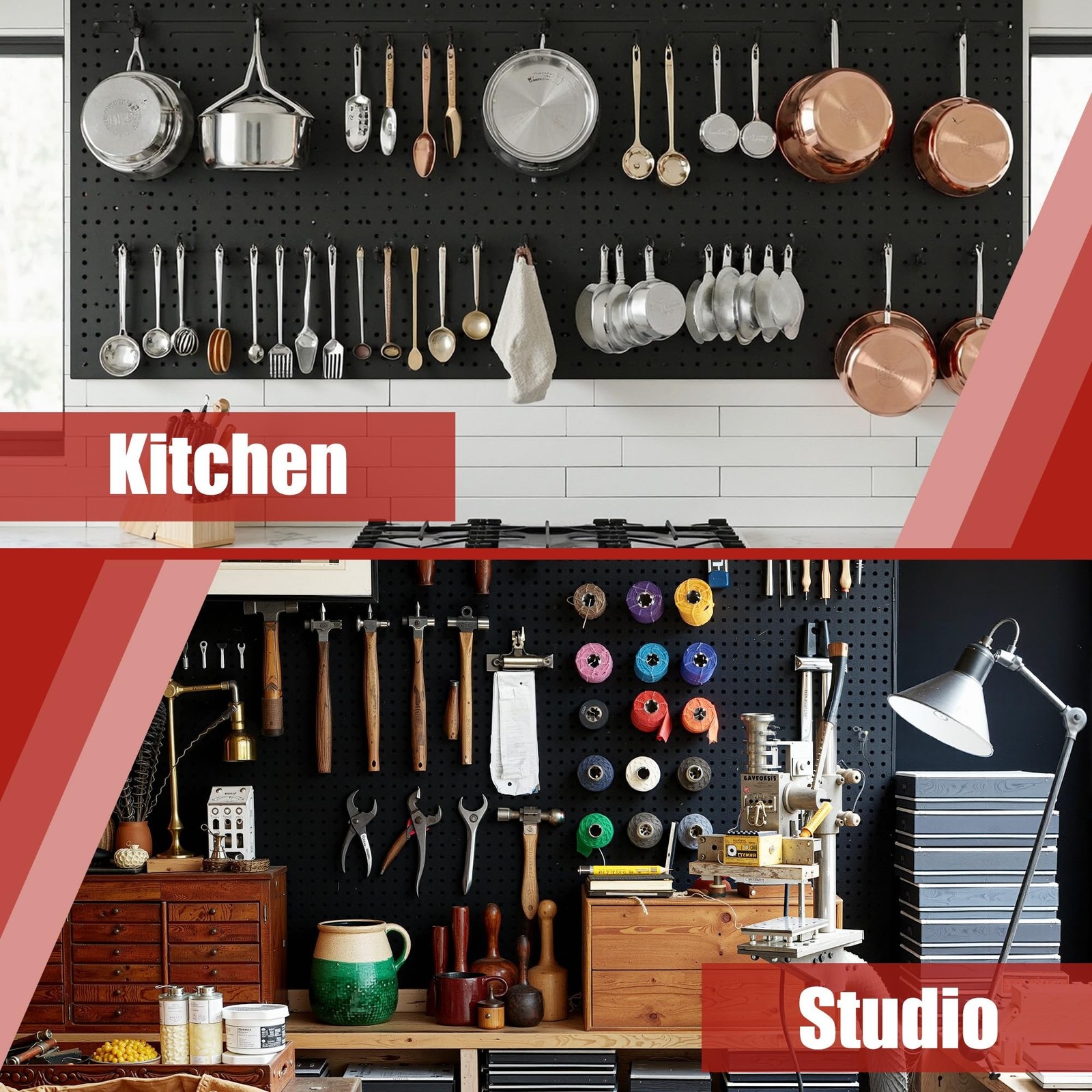 4 Pack Metal Pegboard Panels with 50 Hooks, Black Pegboard Wall Organizer, Pe...