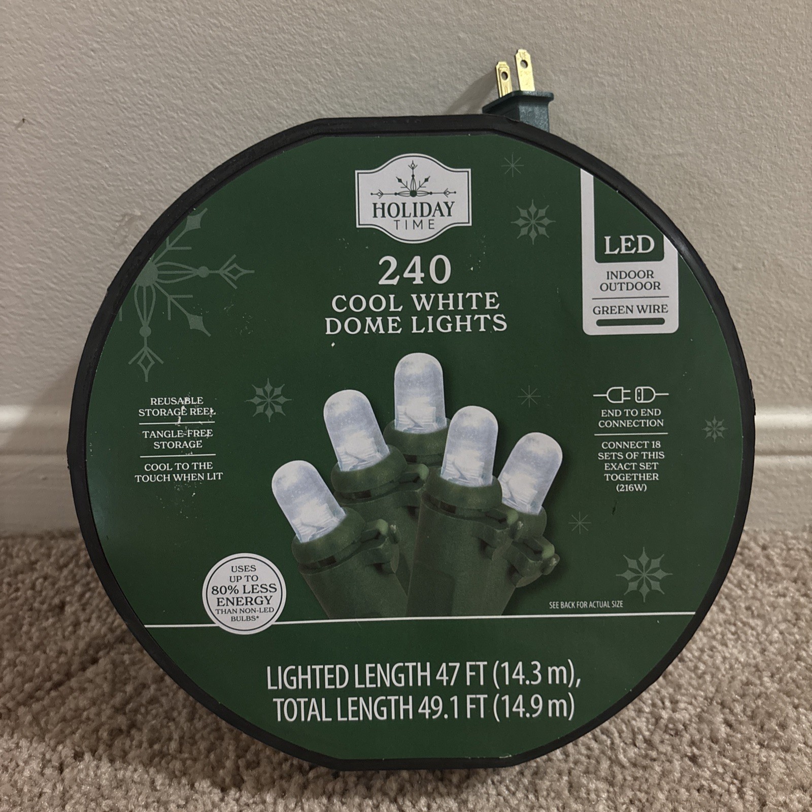 Holiday Time Christmas Lights 240 Cool White Dome Lights LED White Wire 49.1'