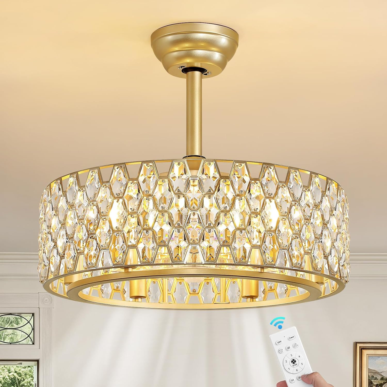 Caged Ceiling Fan with Lights 20 Inch Crystal Gold Fandelier Ceiling Fan with Re
