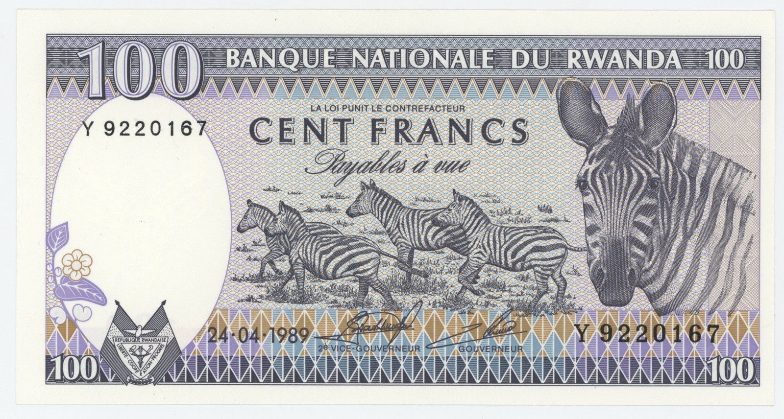 Rwanda 100 Francs 24-4-1989 Pick 19 UNC Uncirculated Banknote Serial Y