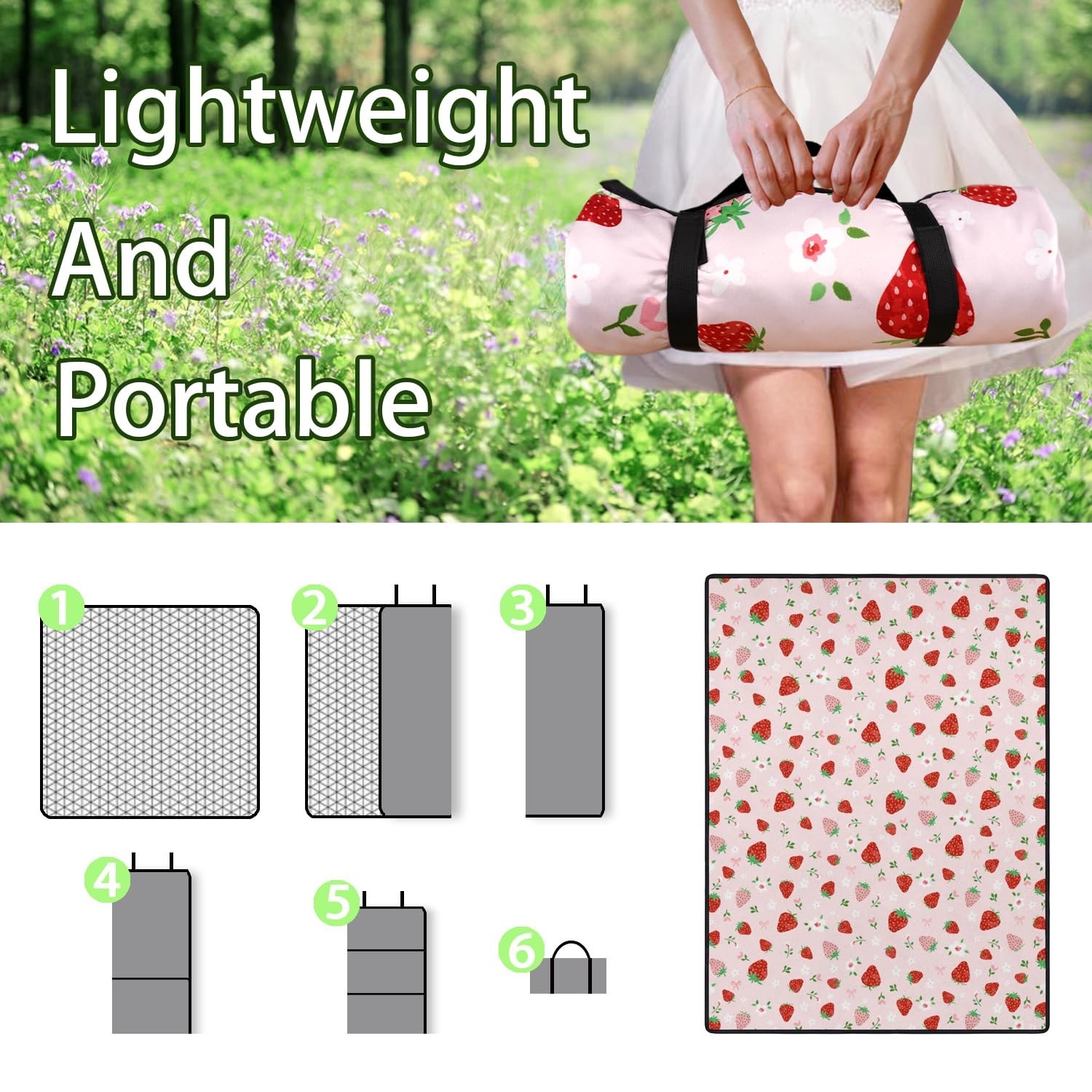Strawberry Bow Picnic Blankets Waterproof Foldable, 60’‘x80'' Portab