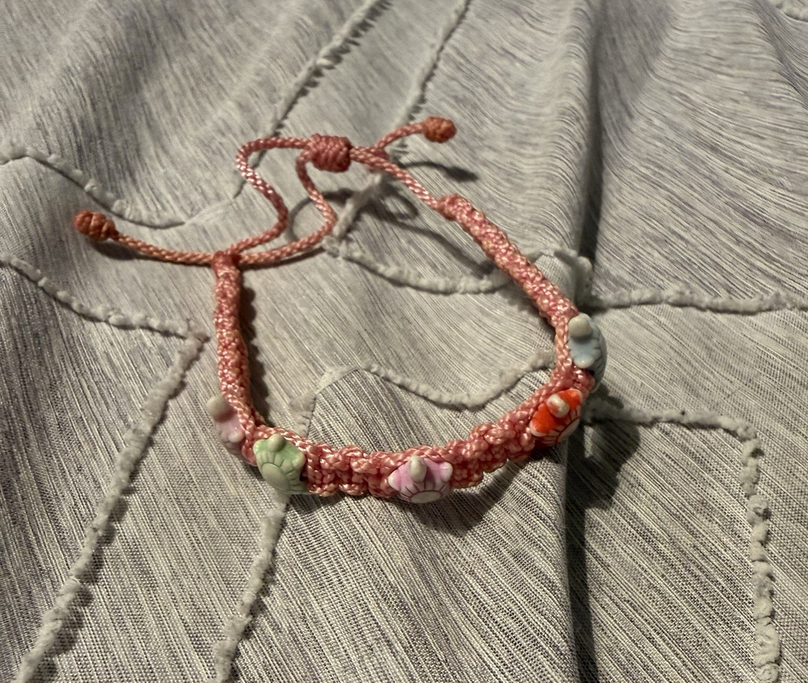 Pink Cord Beaded Adjustable Bracelet Multicolor Beads Charm Wrap Art Theme