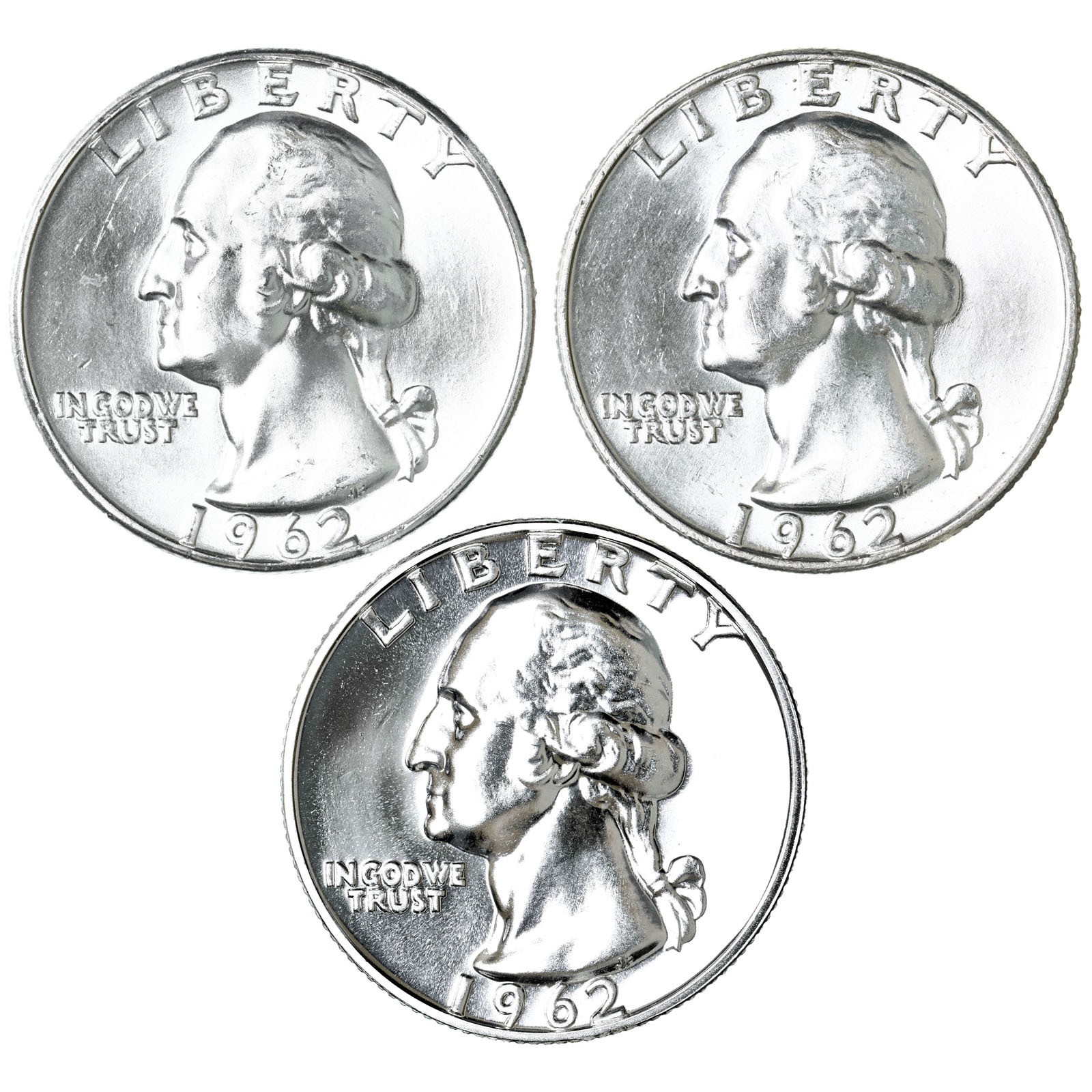 1962 P D Washington Quarters 90% Silver BU & Gem Proof 3 Coin Year Set