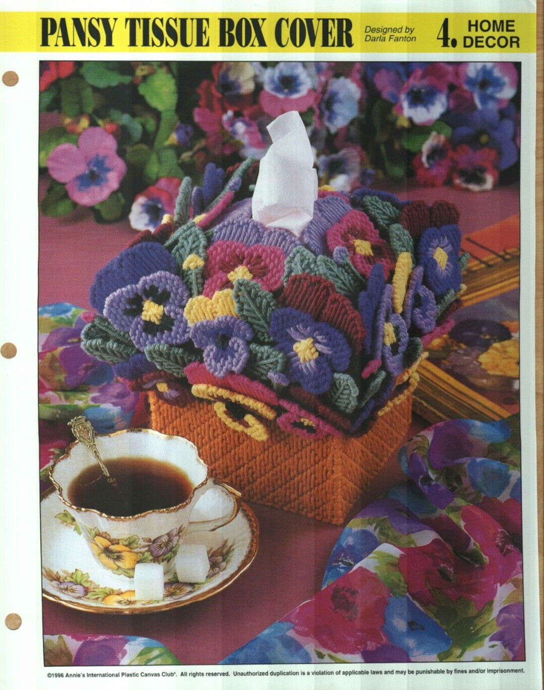 NEW PANSY TISSUE BOX COVER ANNIE'S PLASTIC CANVAS PATTERN INSTRUCTIONS