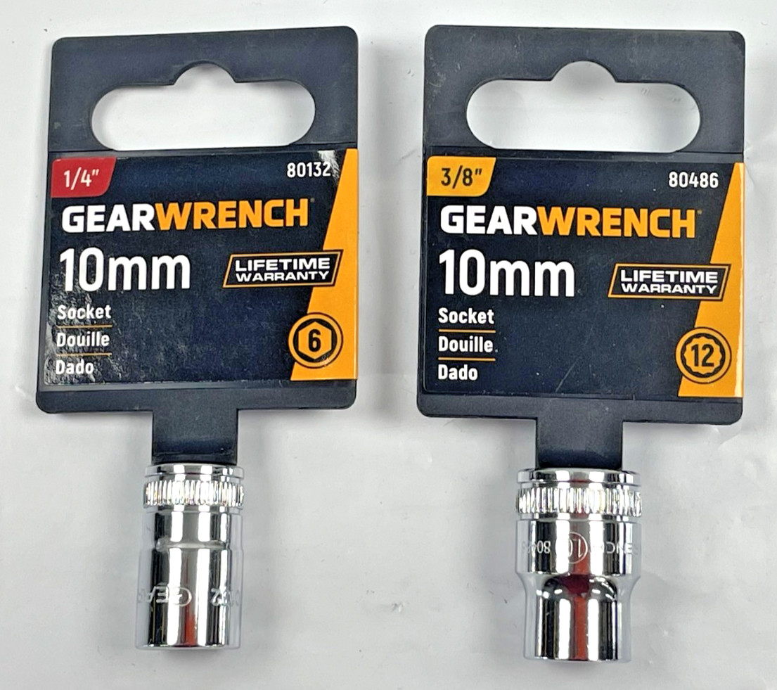 10mm GearWrench 3/8 and 1/4" Drive Short Well Polished Socket 6&12 pt ; 2 pack