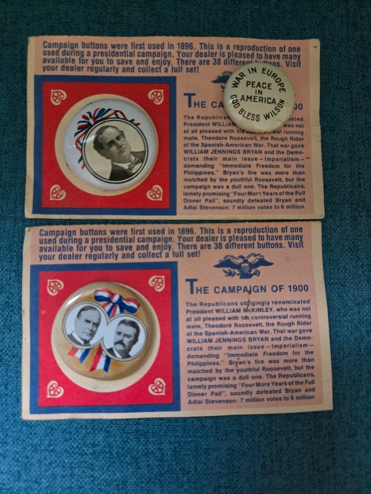 3 Vintage Reproduction Campaign Buttons/Pins With History Sheets