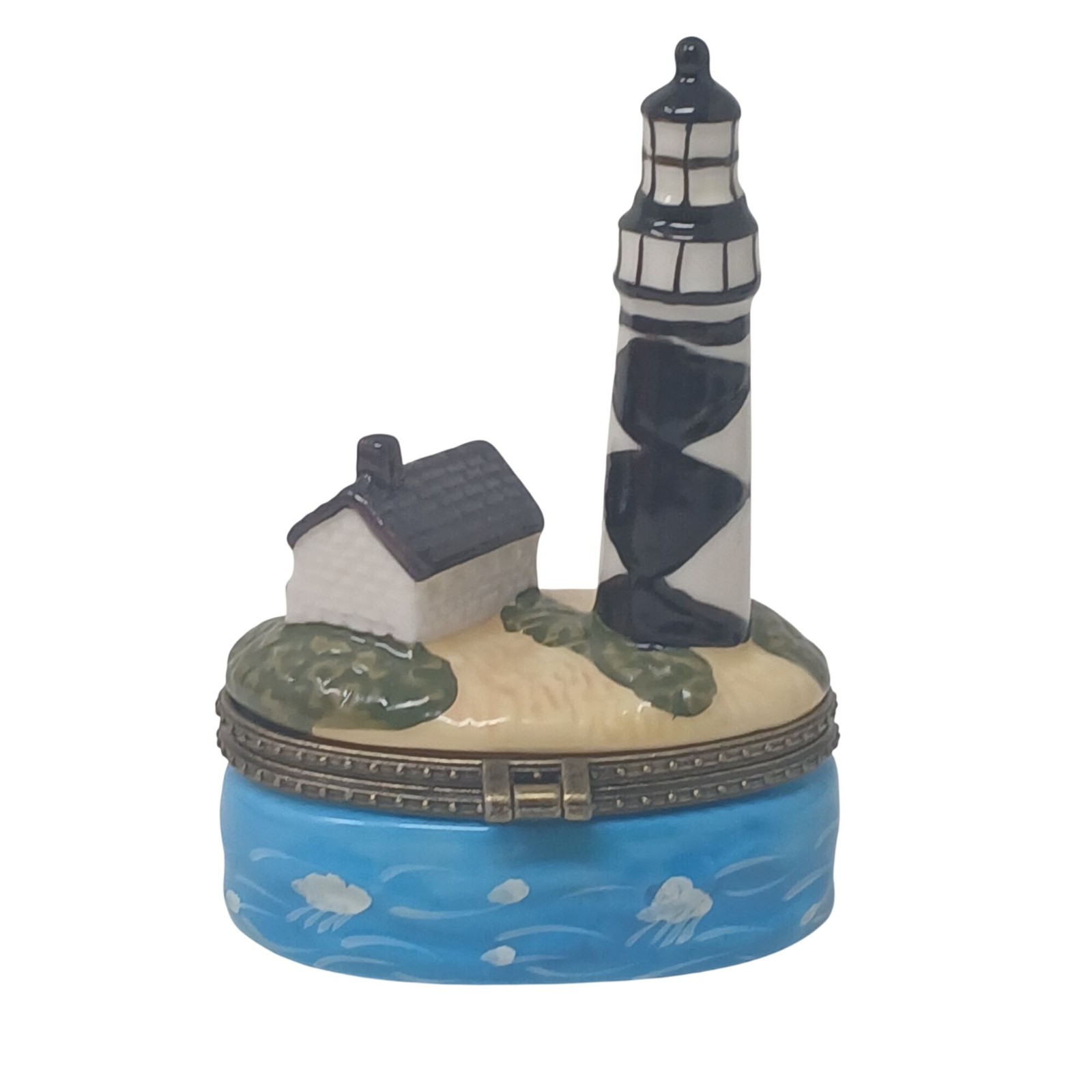 Lighthouse Porcelain Trinket Box Coastal Scene Bronzetone Hinged Closure #S-2