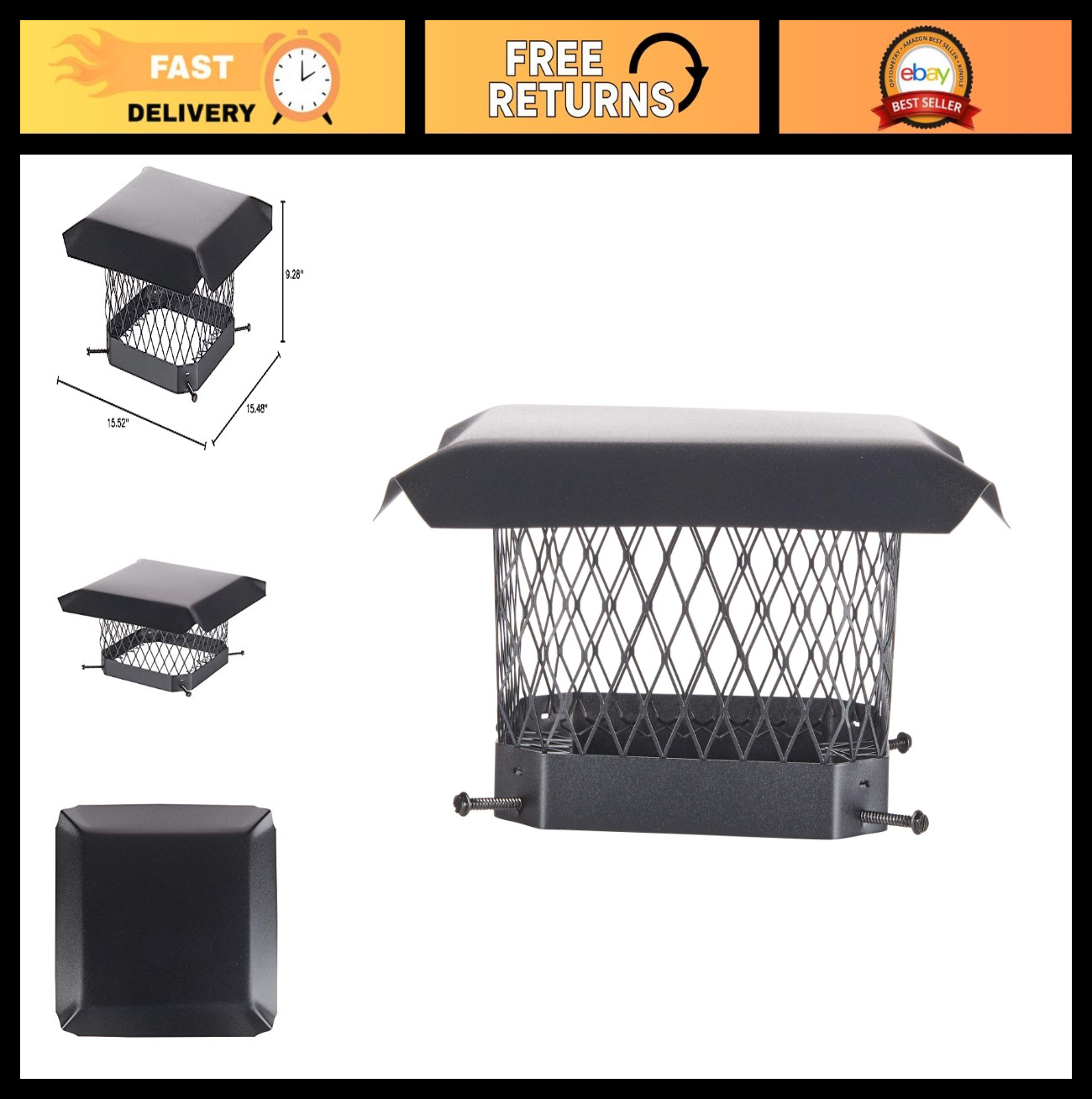 9" x 9" Bolt-On Chimney Cap, Single Flue, Fully Assembled, Galvanized Steel