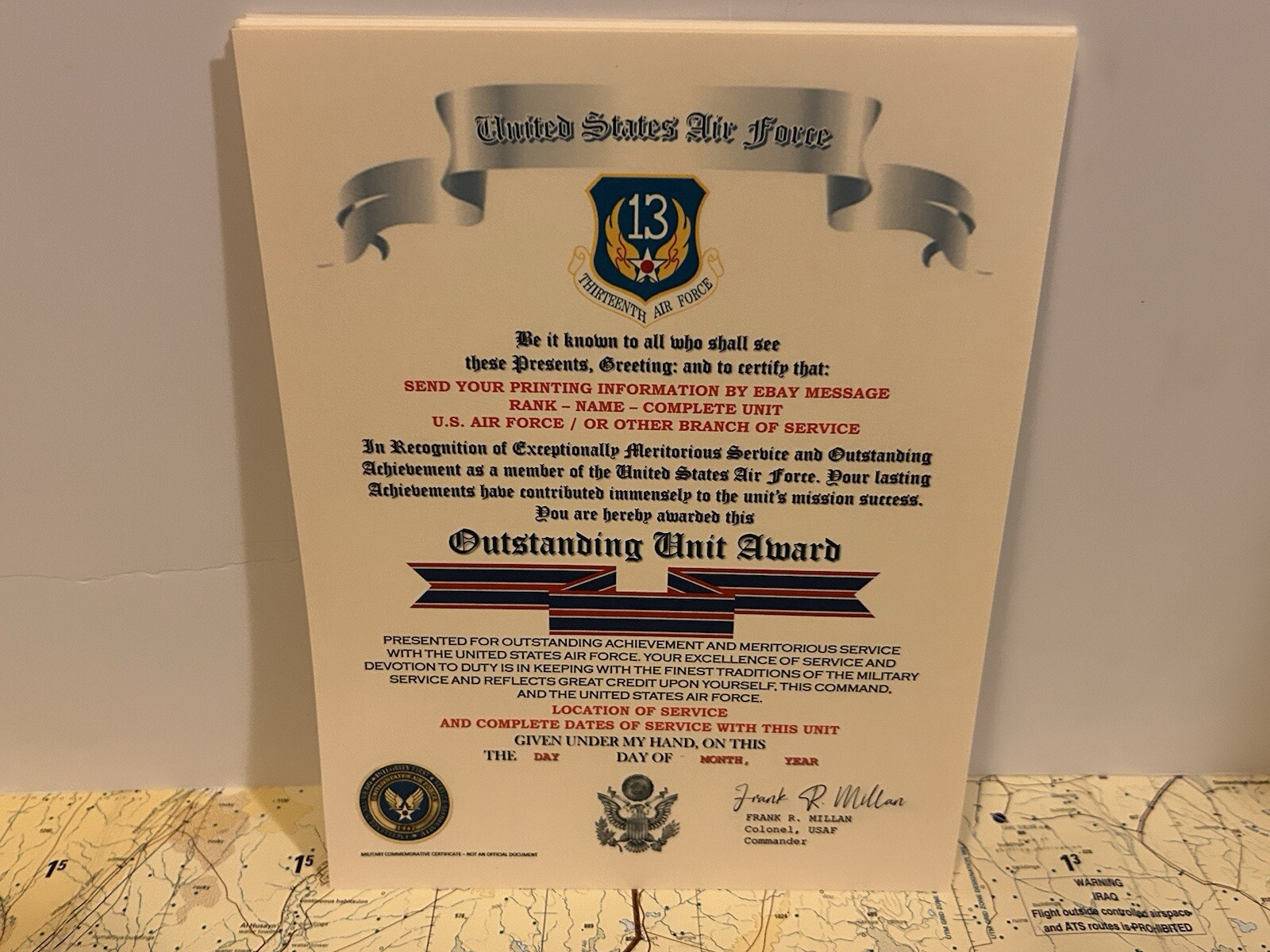 U.S. AIR FORCE / THIRTEENTH AIR FORCE - OUTSTANDING UNIT AWARD CERTIFICATE