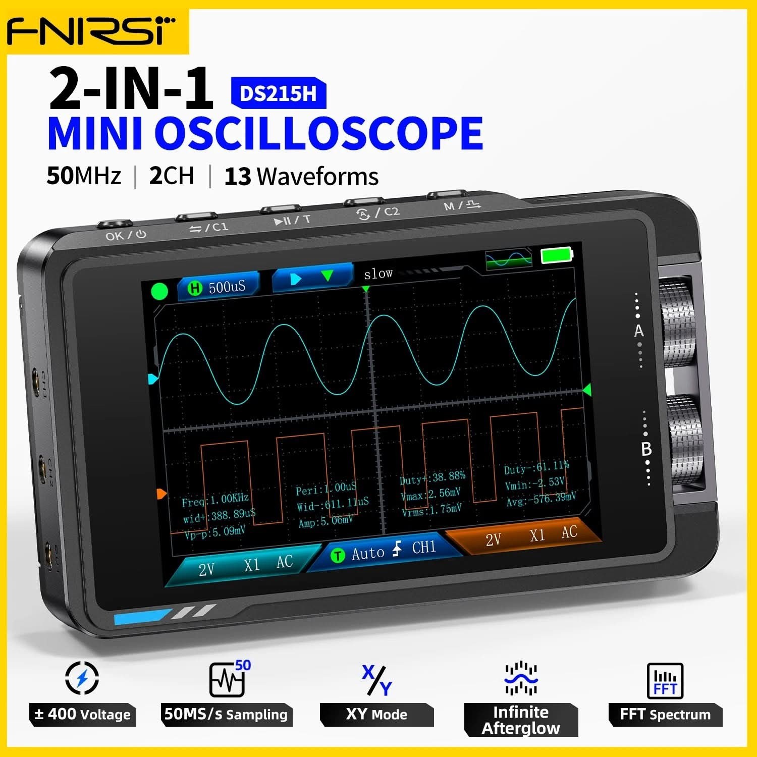 FNIRSI DS215H 50MHz Flat Panel Oscilloscope & Signal Generator w/ P6100 Probe*2