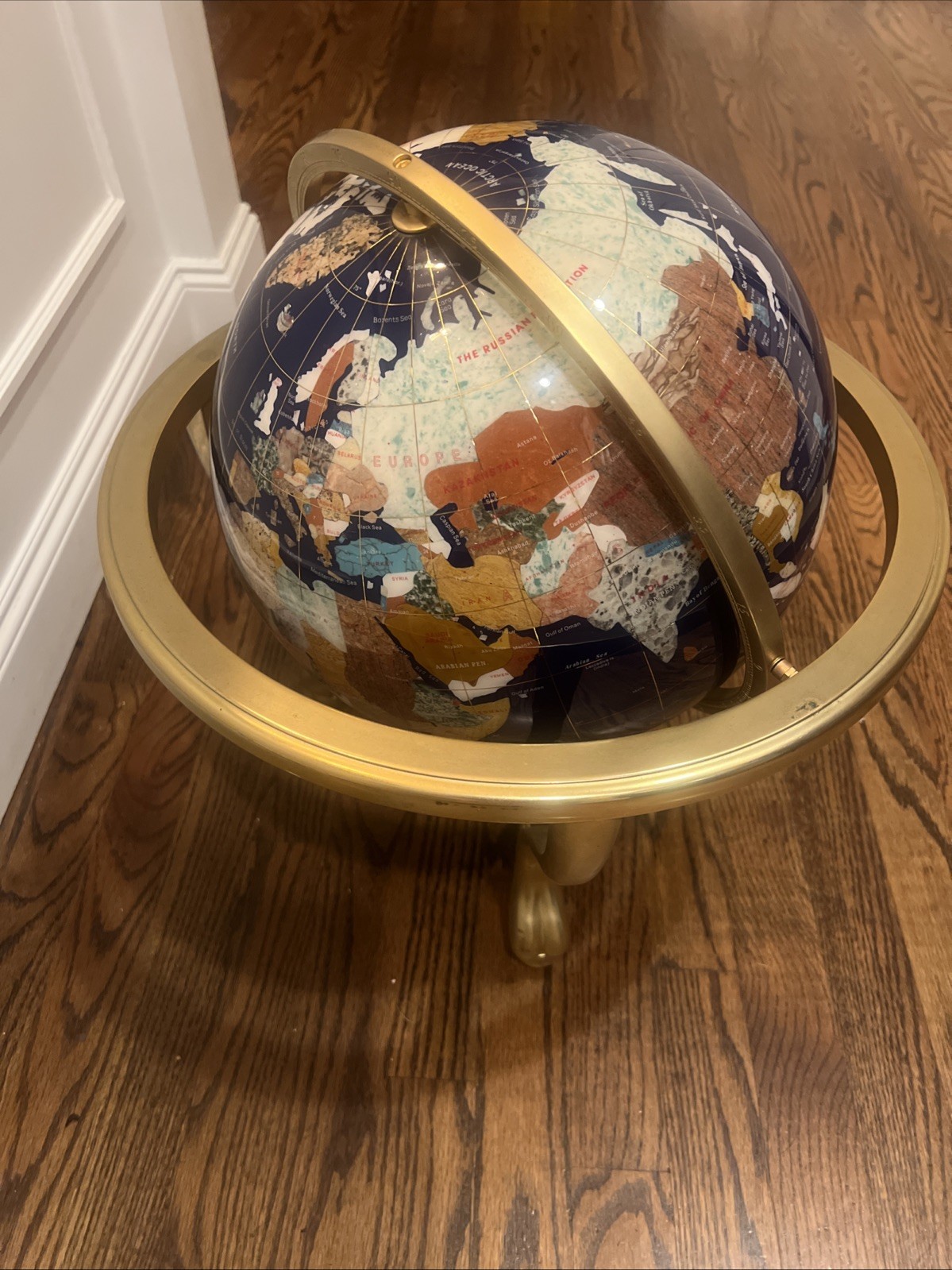 Blue Lapis Rotating Globe Precious Inlaid Stone Solid Brass w/ Compass