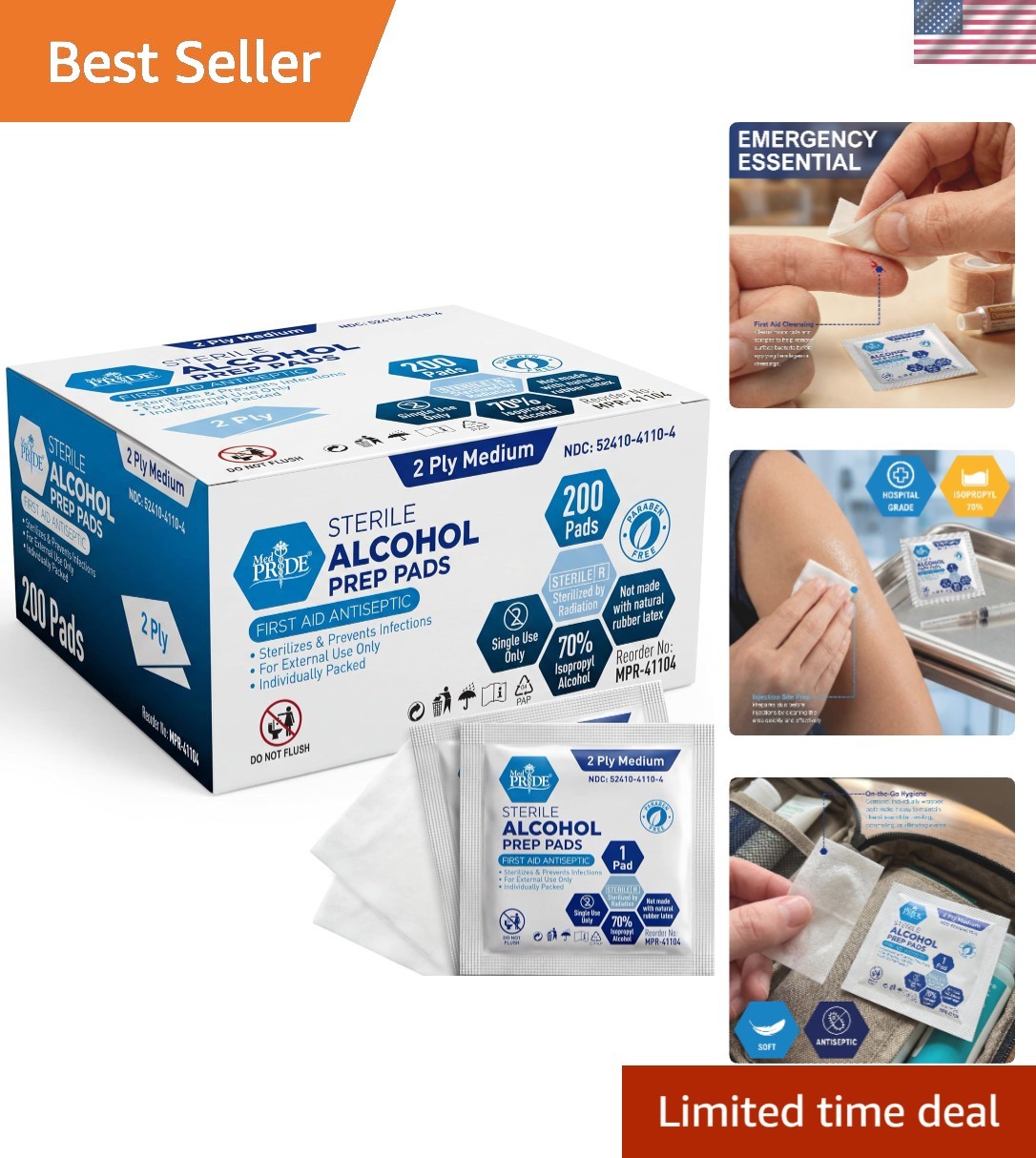 Medical Grade Antiseptic Wipes - Individually Wrapped, 70% Isopropyl, 200 Count