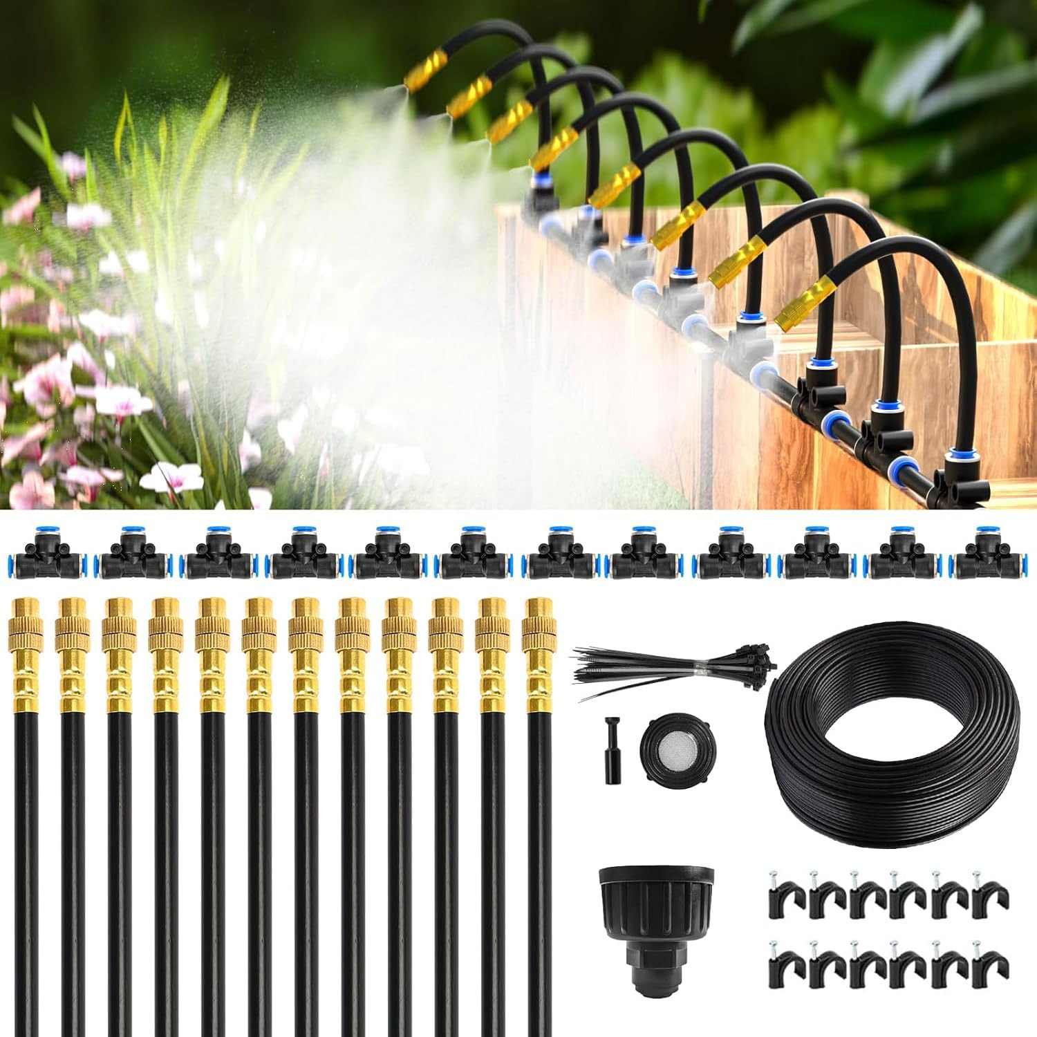 50Ft 1/4" Drip Irrigation System with 12 Adjustable Copper Nozzles