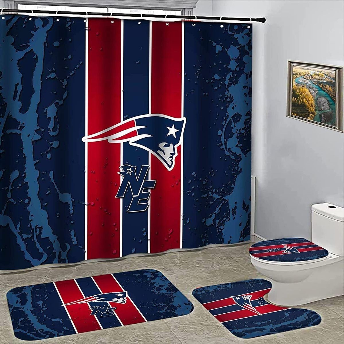Football Patriot Logo Shower Curtain Toilet Lid Cover Bath Mat Bathroom Set