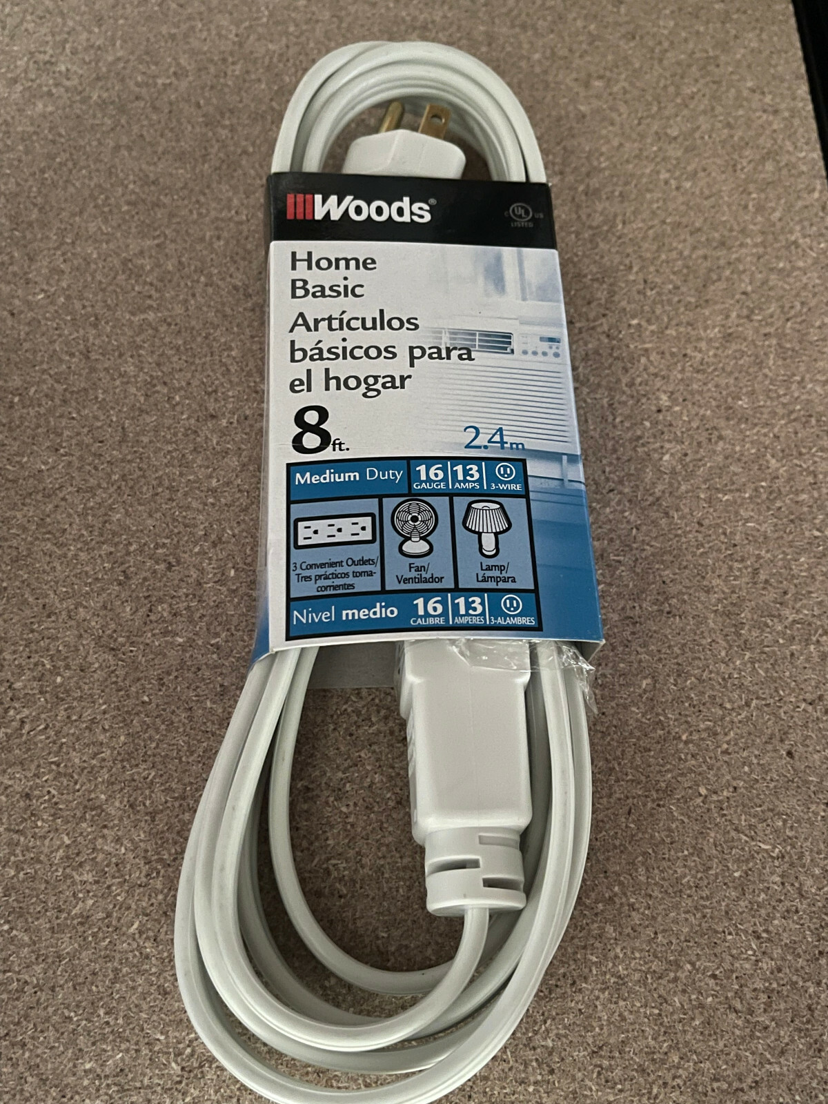 8' foot White Extension Cord 16AWG gauge 3 Wire Prong Grounded Male/Female Plug