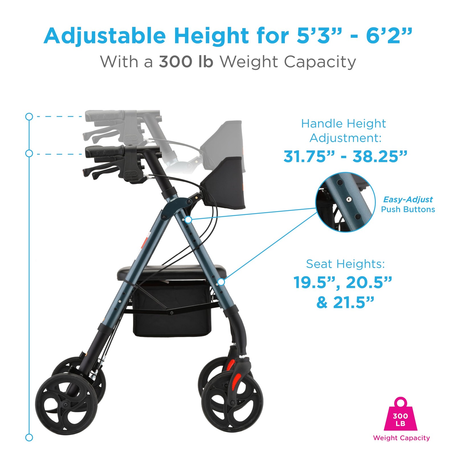 NOVA Star 8 OS Rollator Walker with Perfect Fit Size System, Lightweight &