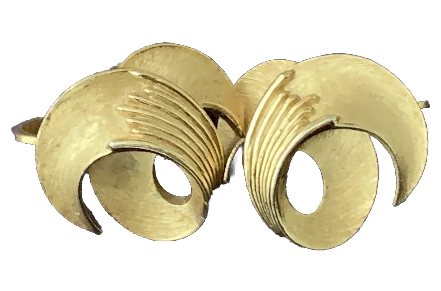 Vintage  Crown Trifari Signed Brushed and Shiny Gold Tone Abstract MCM Earrings