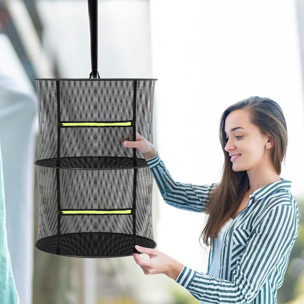 Collapsible Mesh Drying Rack 2 Layer Hanging Net with Zipper & Hooks for Herbs