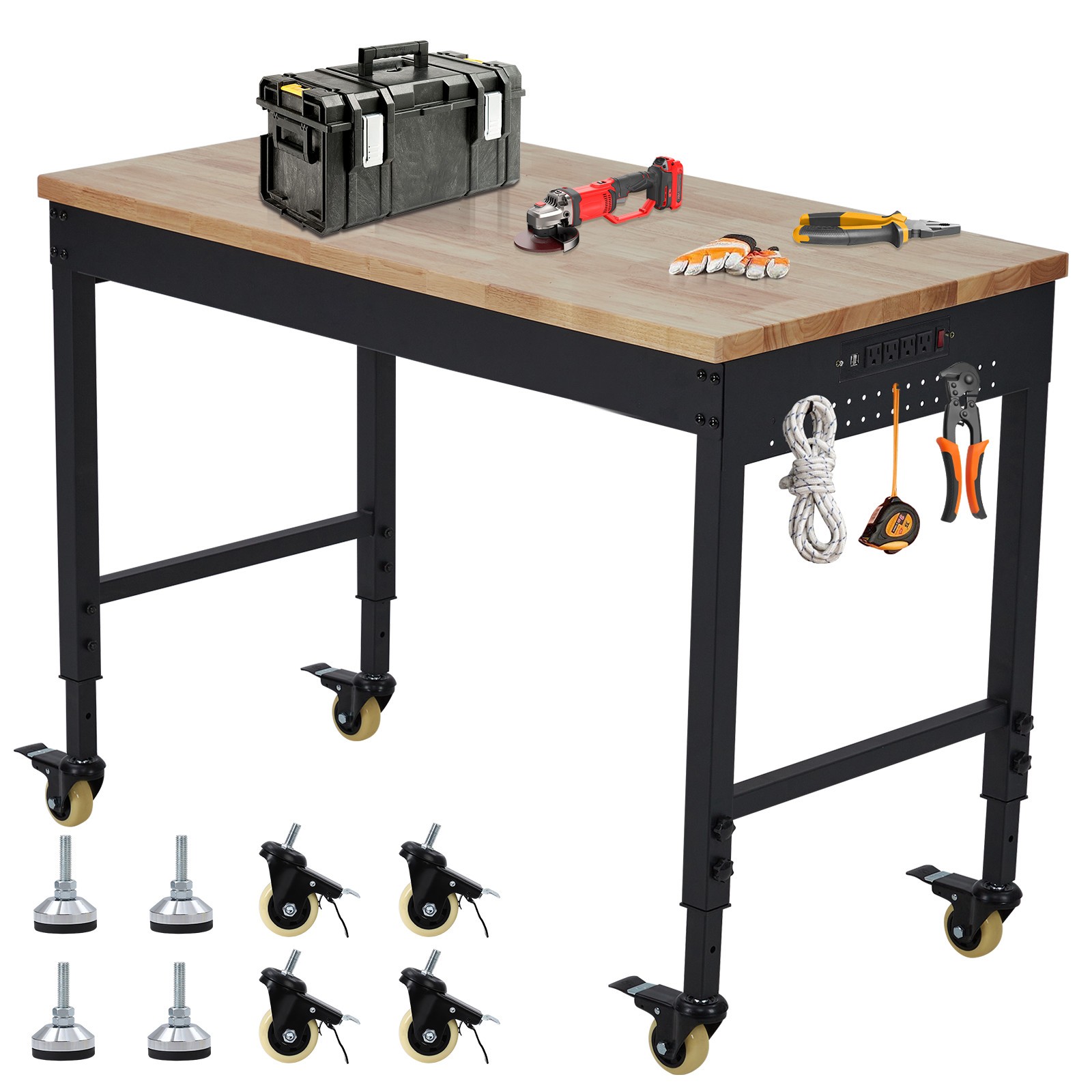 72"x25" Adjustable Height Workbench, Rubber Wood Tabletop Work Table with Wheels