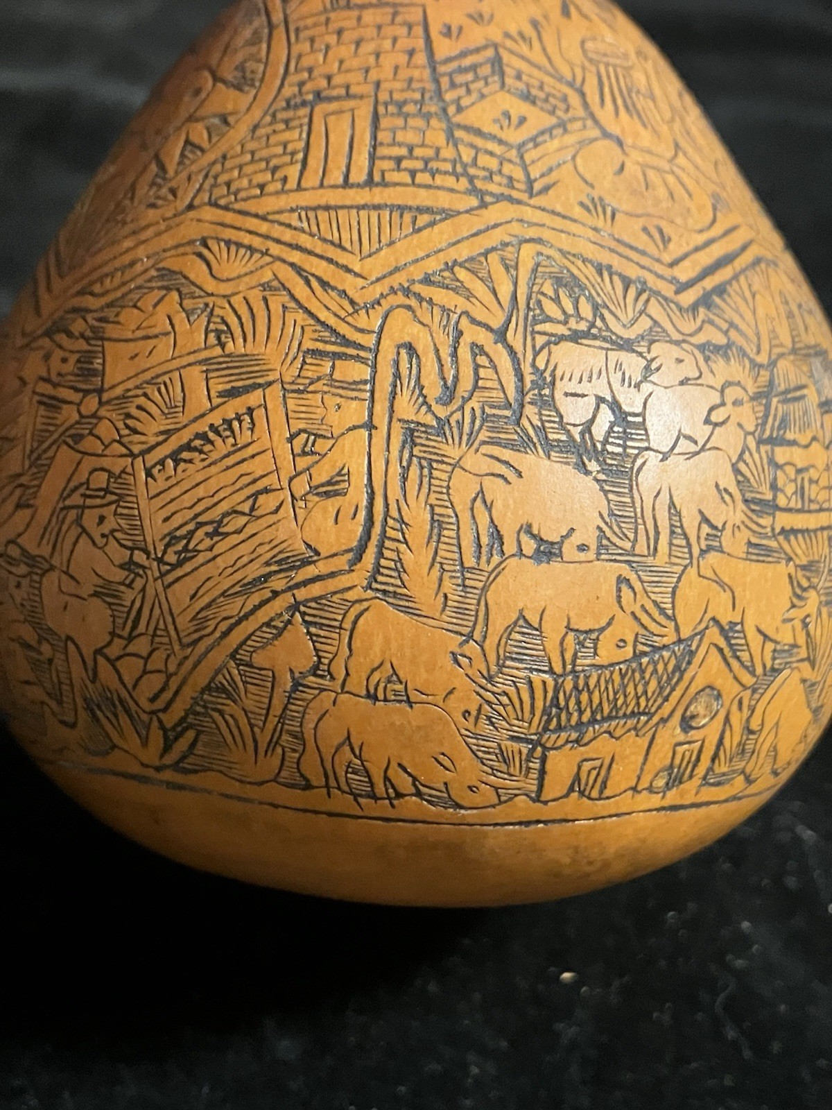 Peruvian Intricate Hand Fine Carved Etched Gourd Rattle Peruvian Culture Scenes