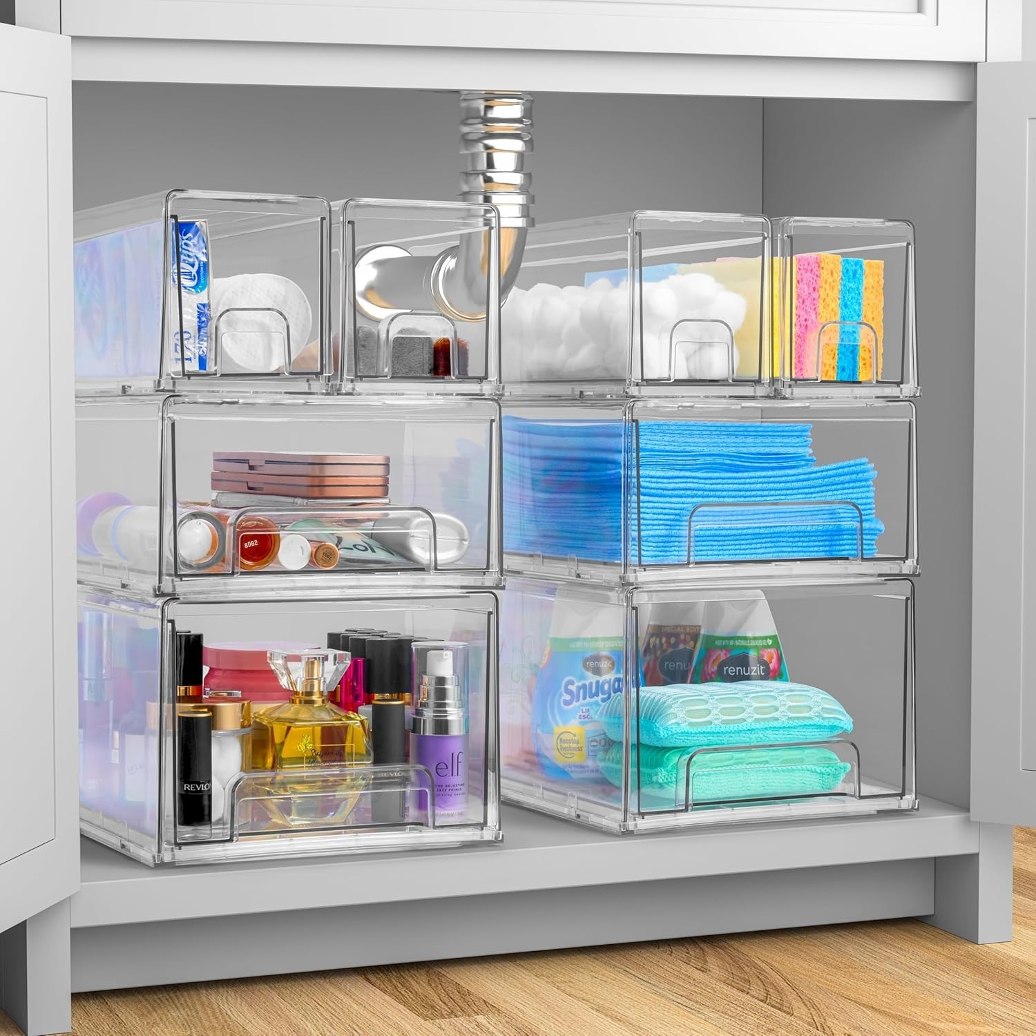 Medium Clear – 2-Pack Plastic Organizer Bins with Handles – Stackable Pull-Ou...