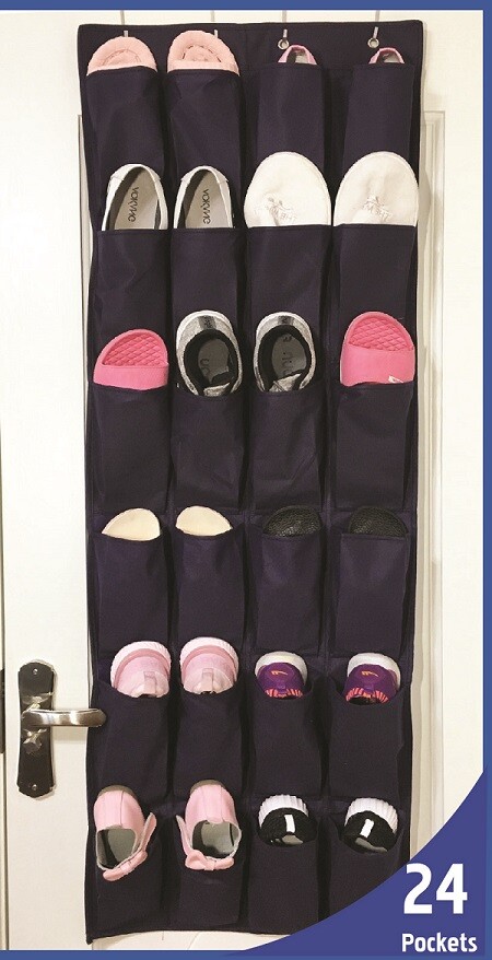24 Pockets Over The Door Organizer For Shoes, Toys, Belts,19 x 58 inches,Blue