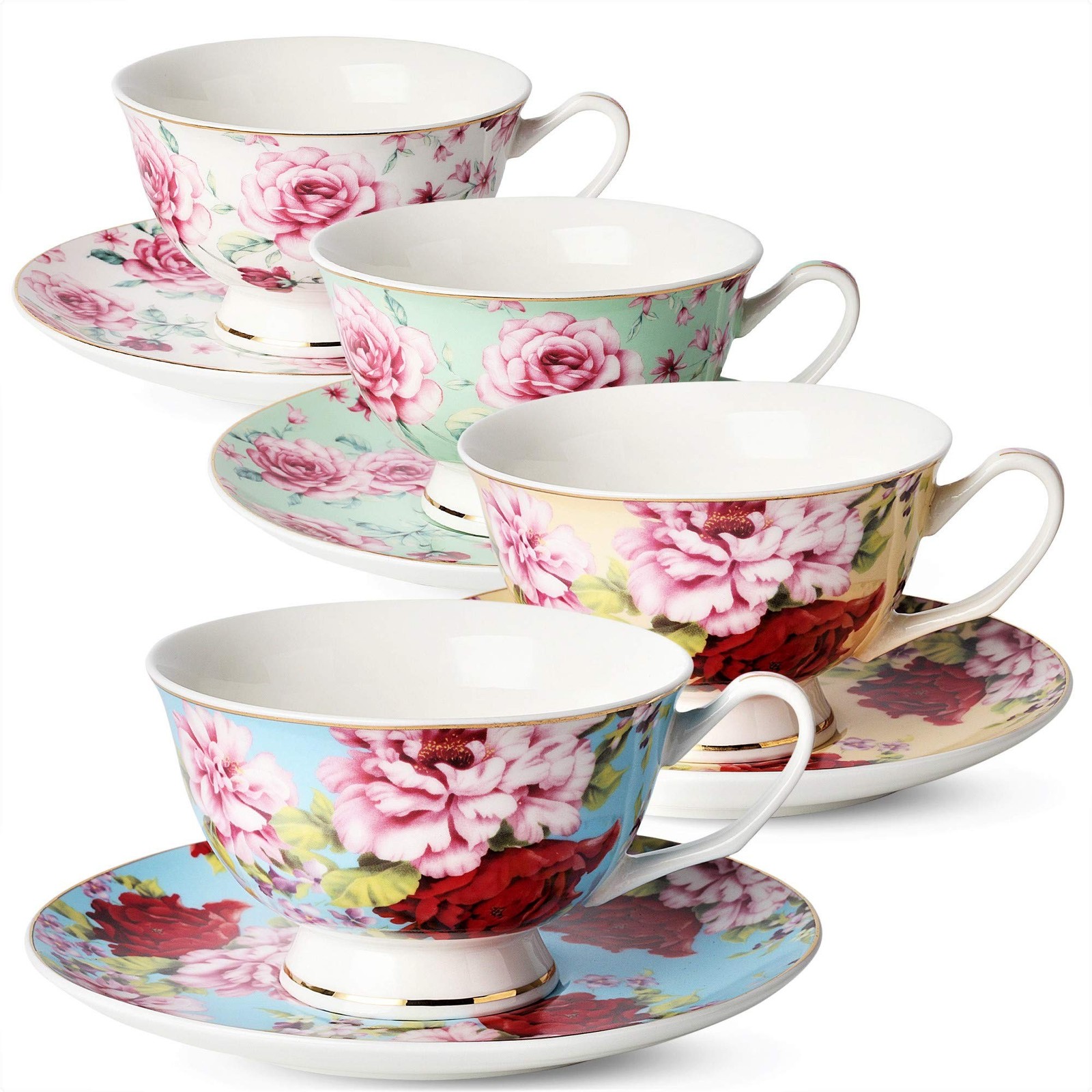 BTaT- Floral Tea Cups and Saucers Set of 4 (7 oz), Porcelain Tea Cup Sets, As...
