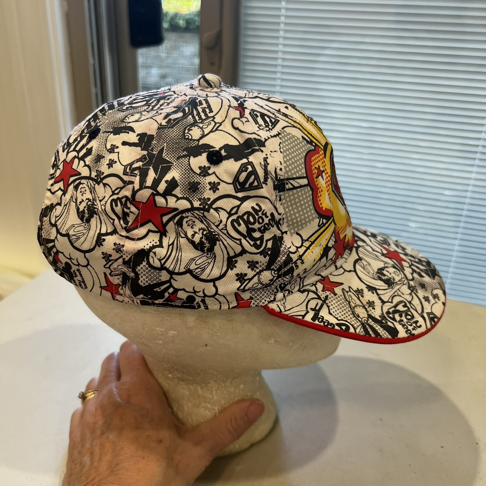 Superman Logo and Graphic Black on White w Red Yellow Hat Cap SnapBack EUC