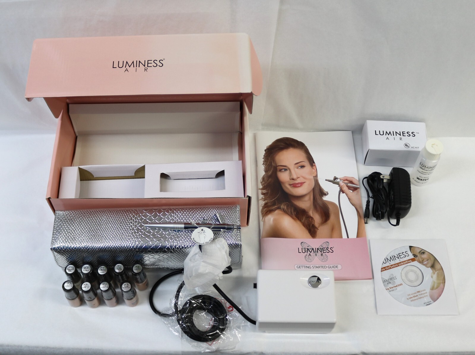 15pc Luminess Air Airbrush System Complete w/Starter Kit,CD,Clutch,9 Bottles NEW