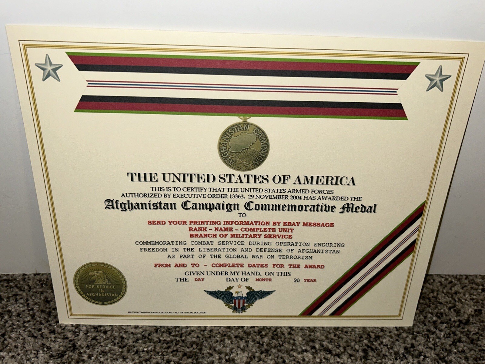 AFGHANISTAN CAMPAIGN MEDAL COMMEMORATIVE CERTIFICATE ~ W/PRINTING TYPE-1