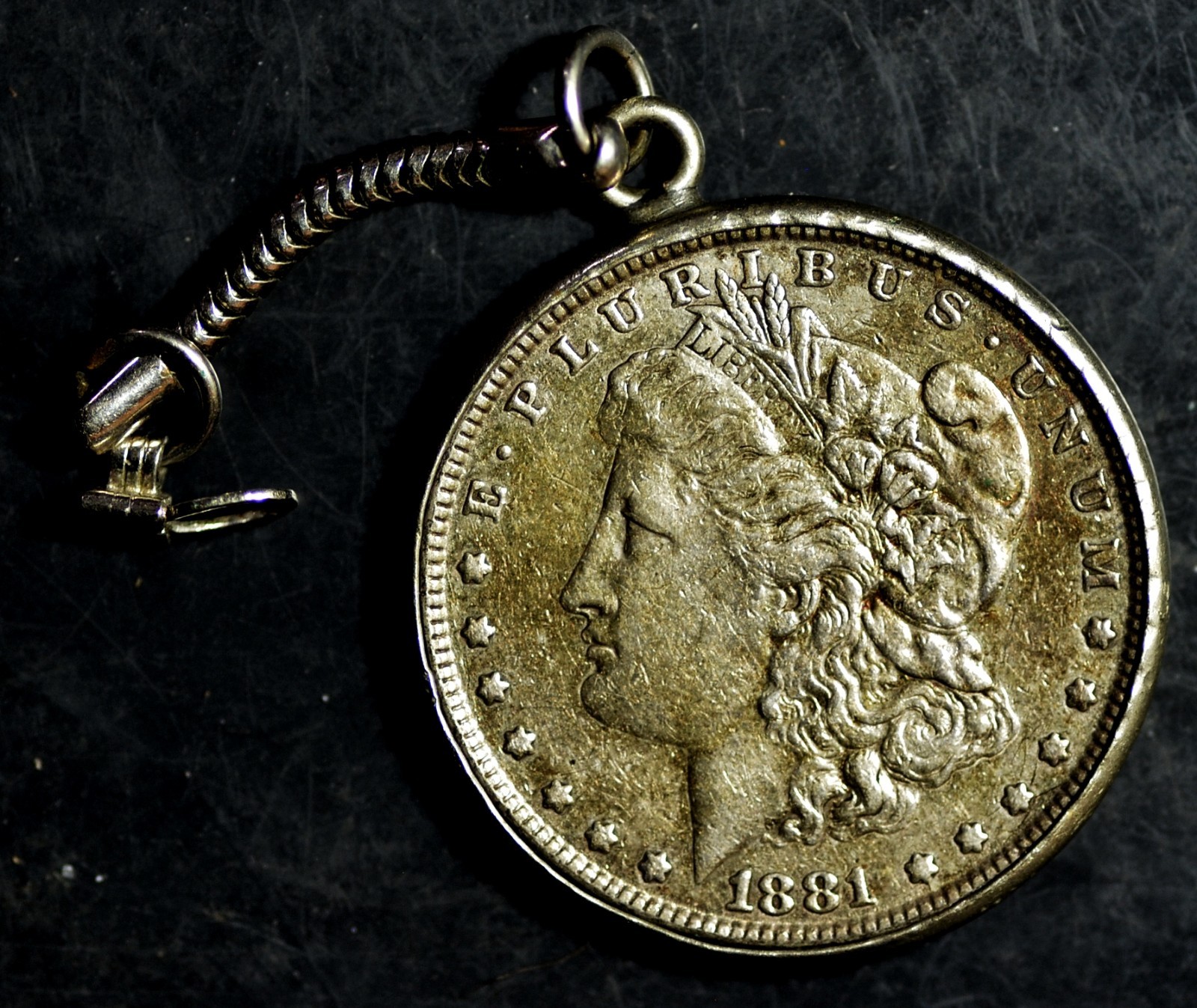 GENUINE US 1881 MORGAN SILVER DOLLAR! MADE INTO A  KEY CHAIN(BROKEN) OR PENDANT