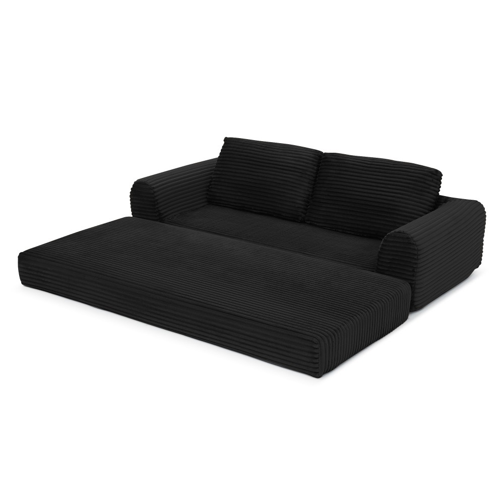 Modern Black Corduroy Convertible Sofa Bed w/ Pillows, 2-in-1 Sleeper Futon