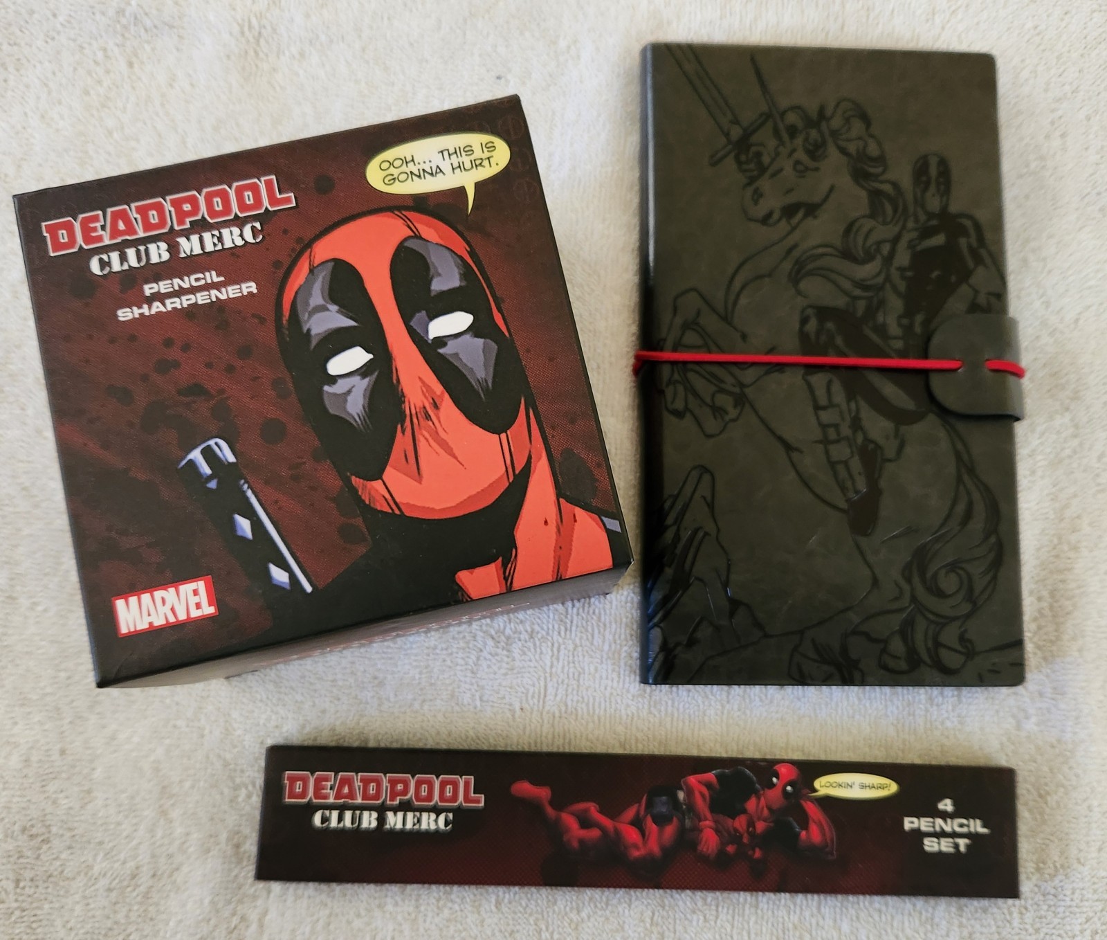 Lot of 3 Marvel DEADPOOL pencil sharpener Four pencils quotes Leather Journal