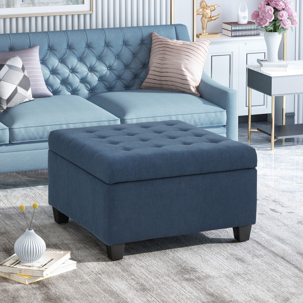 Tufted Storage Ottoman Navy Blue - Upholstered Footrest Bench w/Hidden Storage