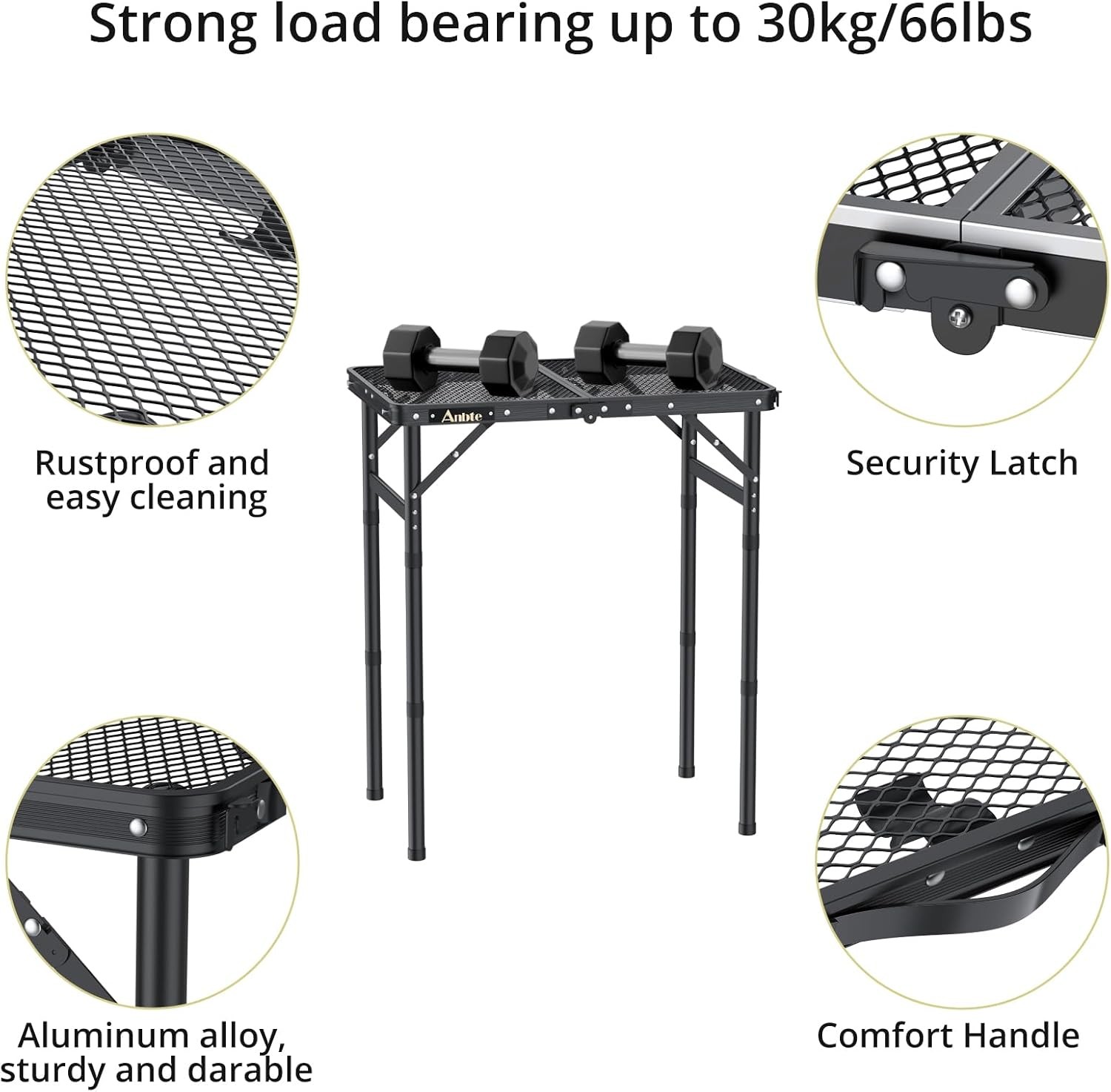 Folding Grill Table, Aluminum Camping Table Adjustable Height Max 27.5" Picnic T