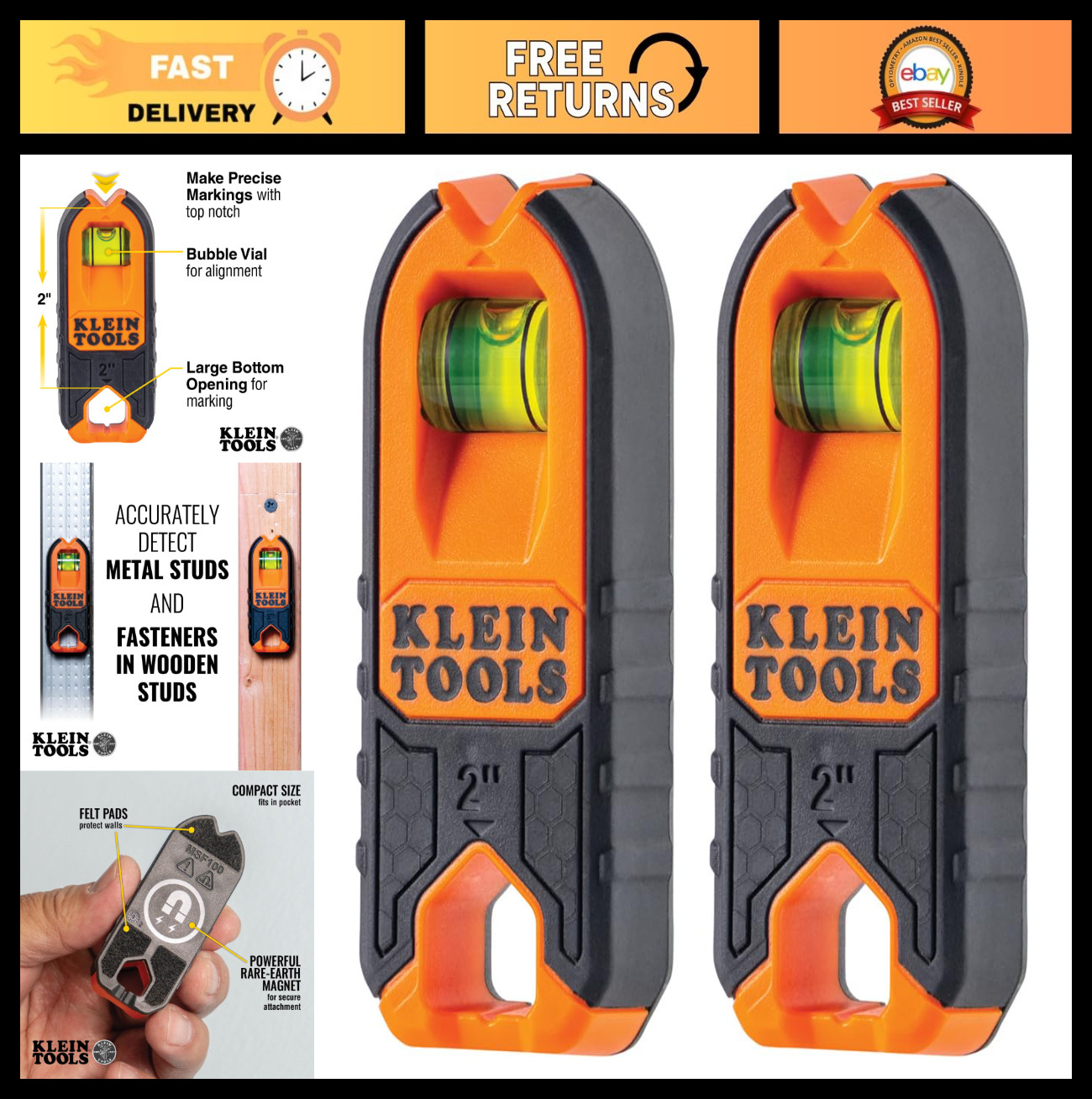 Magnetic Stud Finder & Level - Compact Wood/Metal Detector, Accurate Markings, 2