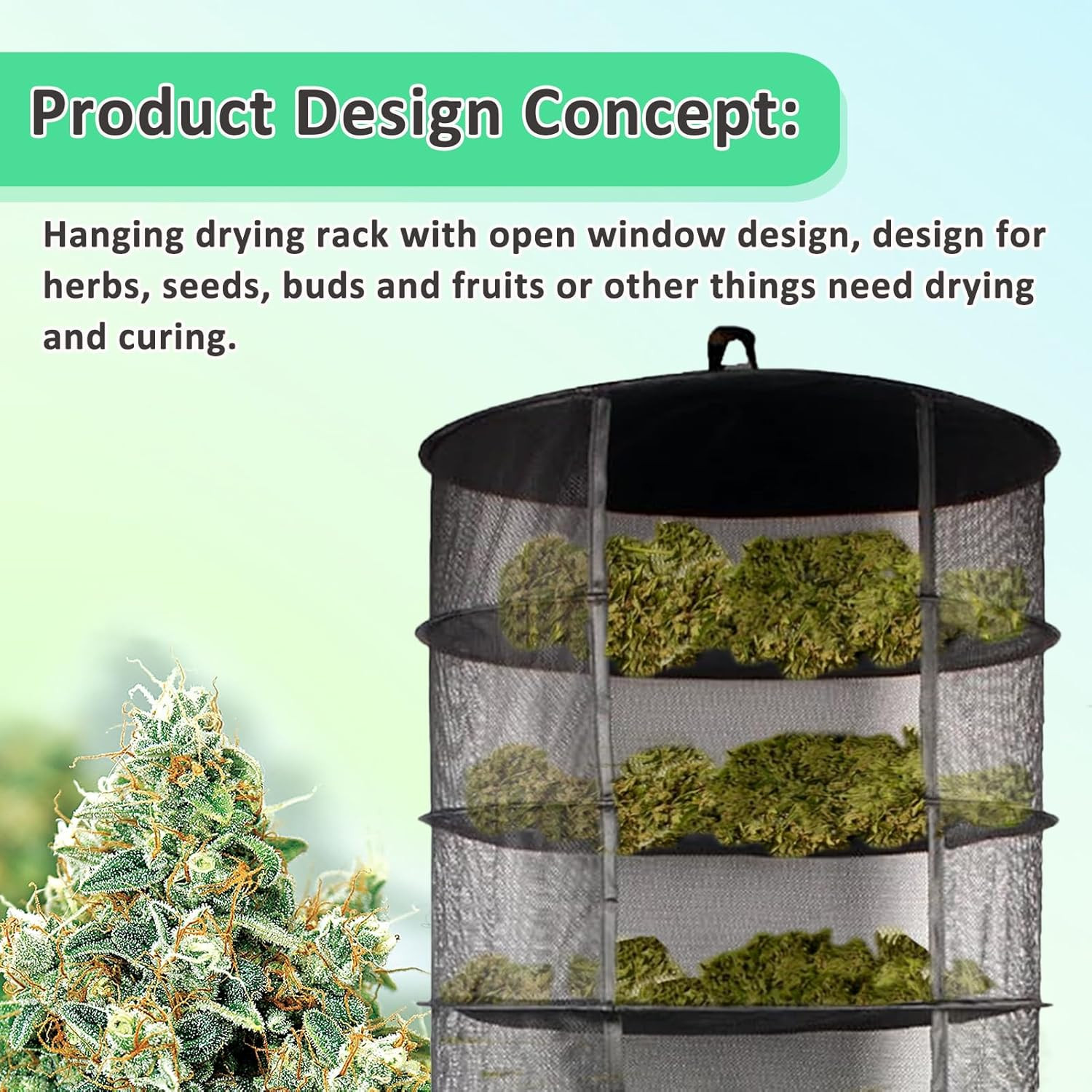 Herb Drying Rack, 2Ft Diameter 8 Tiers Hanging Mesh Drying Rack W/Garden Pruning