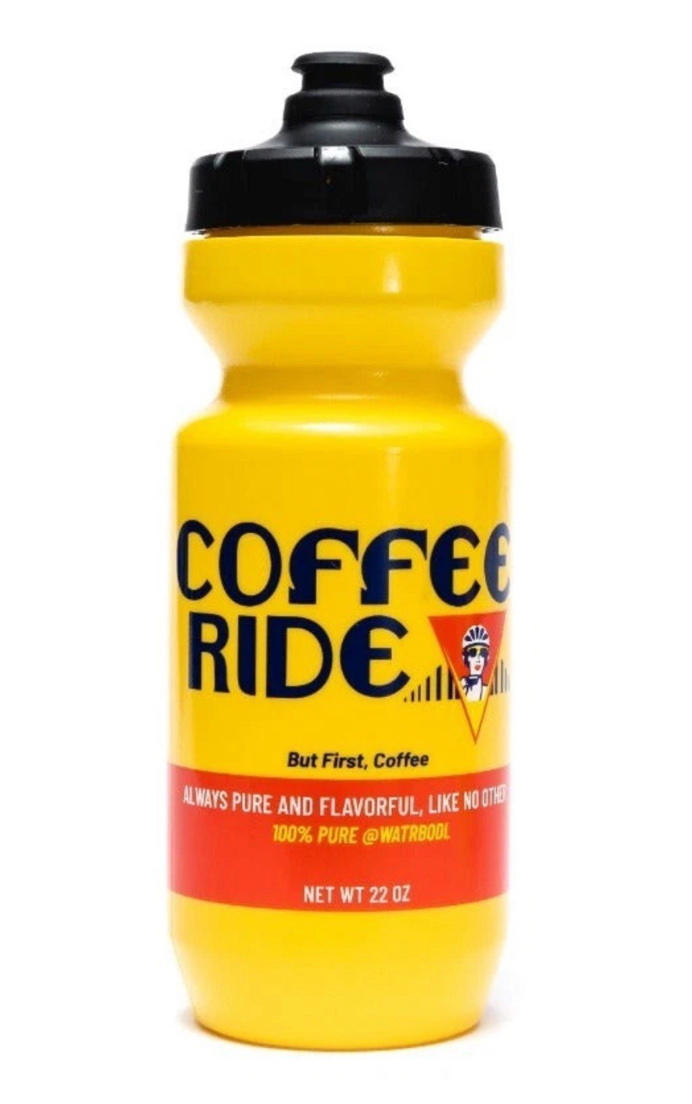 @WATRBODL Yellow Coffee Ride Water Bottle, Screw Lid Squeeze ‘But First, Coffee’