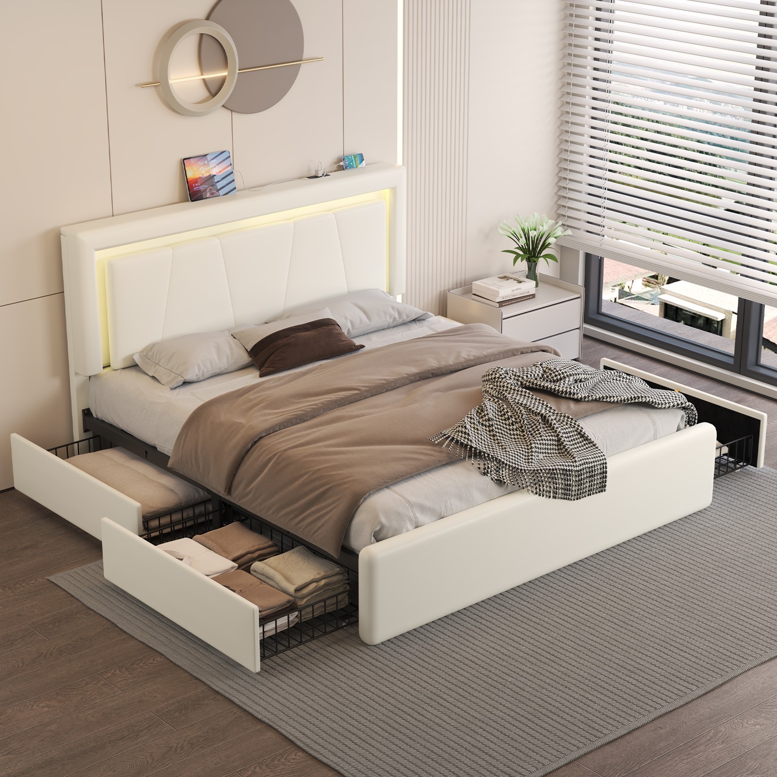 E-MOTIE Upholstered Bed Frame with 4 Storage Drawers & Adjustable Headboard
