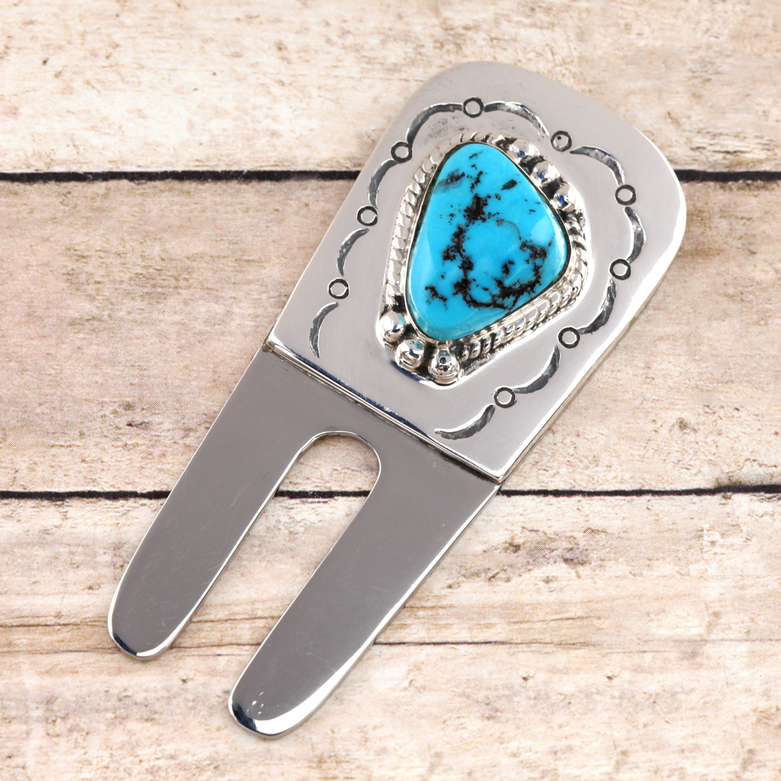 925 Sterling Silver Golf Divot Repair Tool Blue Turquoise 2 Prong Fixer Gift