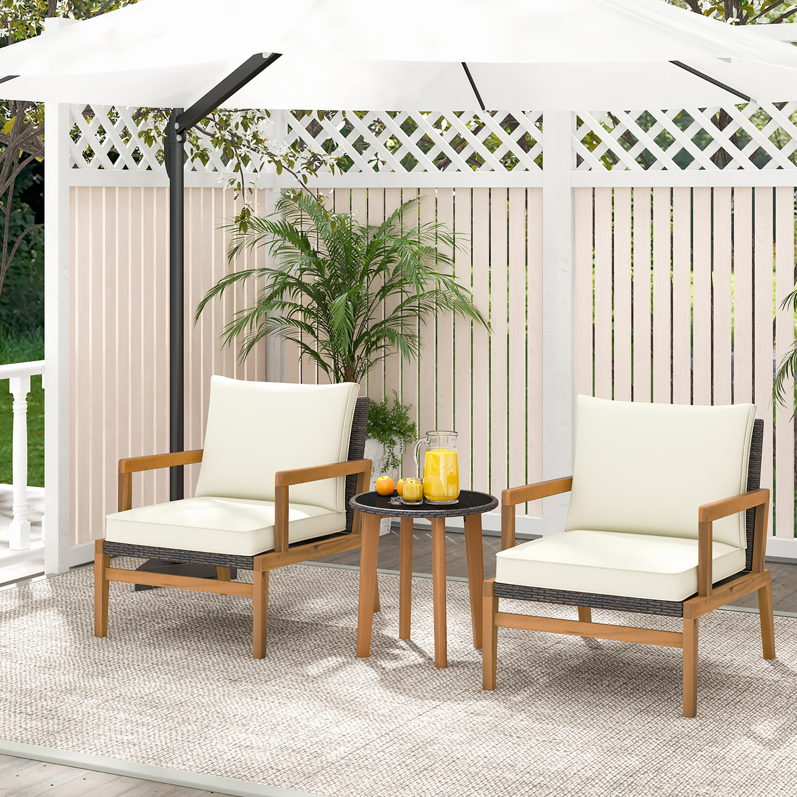 3 PCS Patio Chair Set Wicker Chair & Side Table Set w/ Tempered Glass Tabletop