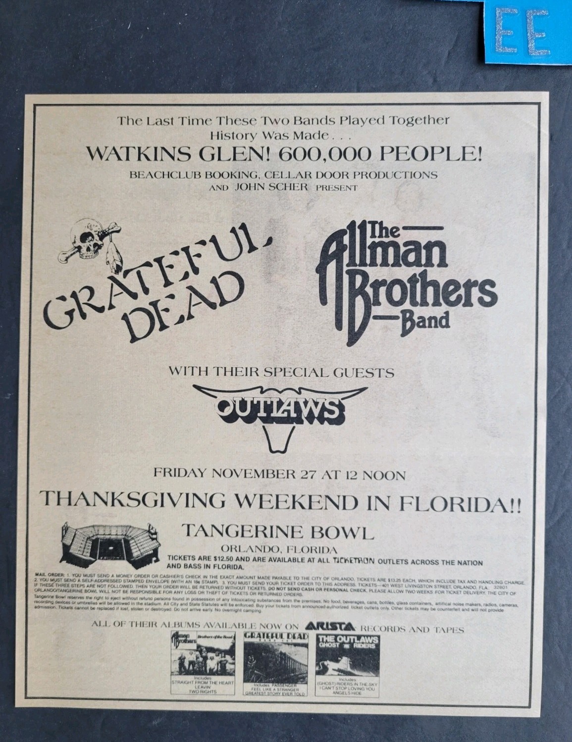Grateful Dead Allman Brothers Tangerine Bowl Concert Promo Print Ad 1981