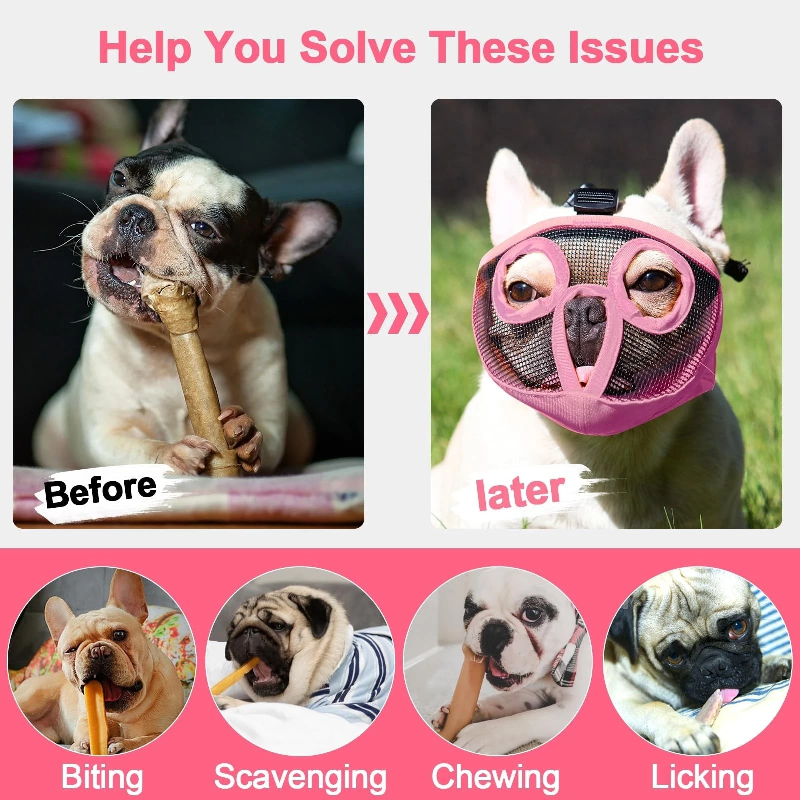 Short Snout Dog Muzzles- Adjustable Breathable Mesh Bulldog Muzzle for Biting...