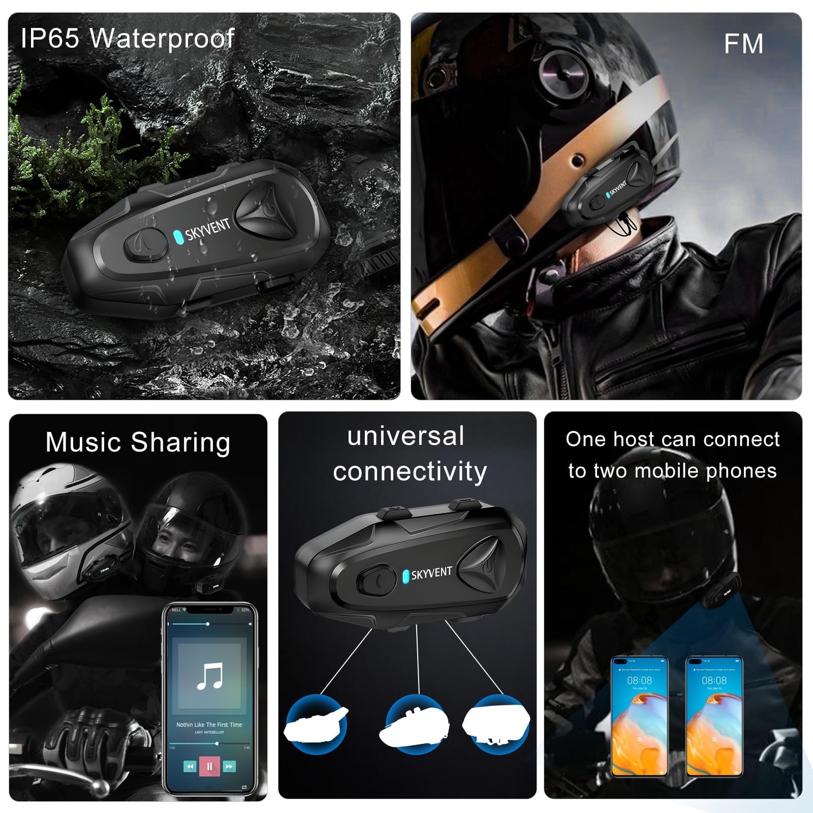 SKYVENT Q4 Motorcycle Bluetooth Communication System Headset One Size, Black
